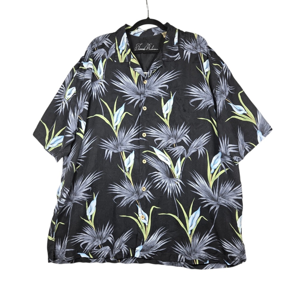 Tommy Bahama Camp Shirt Mens XXL Black Silk Floral Palm Leaf Button Up Hawaiian